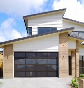 Contemporary Black Aluminum & Black Laminate (Privacy) Glass Garage Door