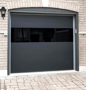 Black modern garage door with smooth flush sectional panels frameless design