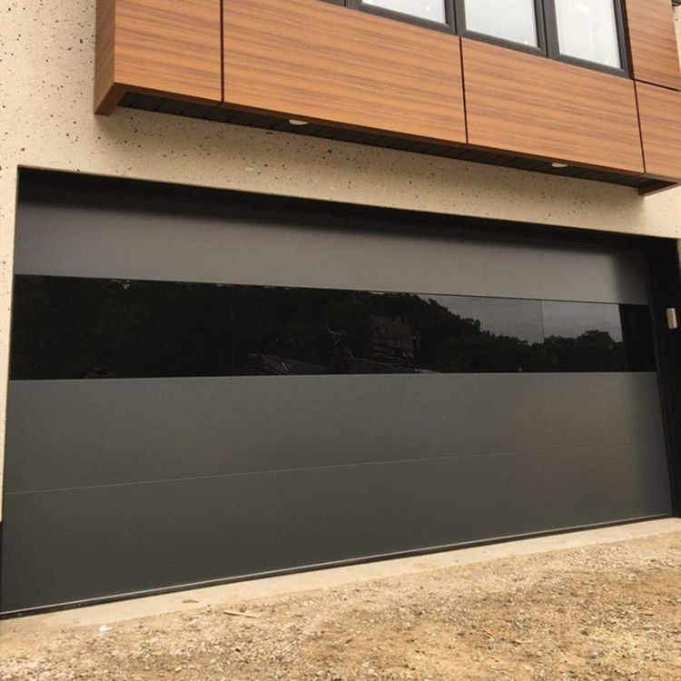 Frameless Aluminum Composite Mirror Glass Garage Door With Black Glass