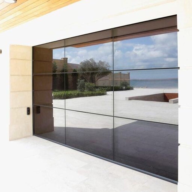 Automatic frameless black glass panel sectional garage door