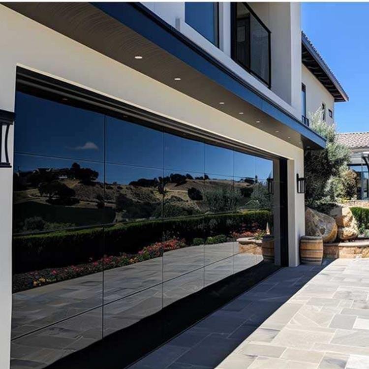 Customized Beautiful Glass Panel Hurricane Resistant Automatic Black Frameless Mirrored Garage Door for Villa