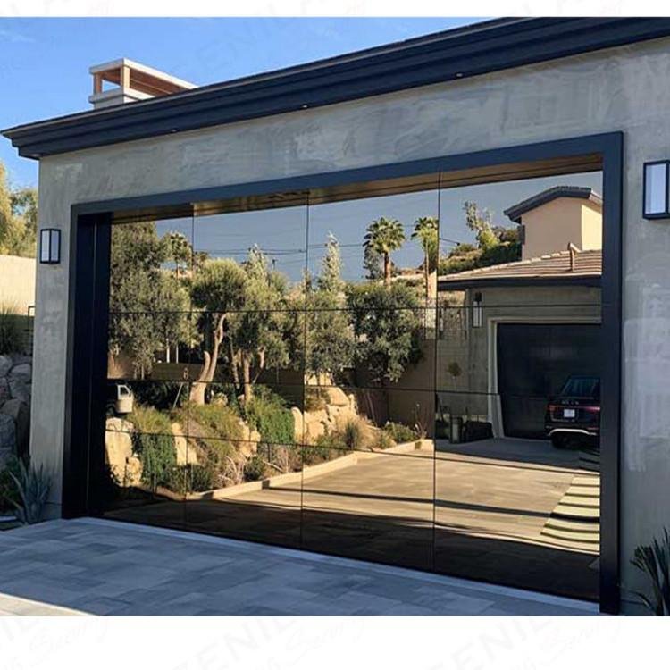 Customized Beautiful Glass Panel Hurricane Resistant Automatic Black Frameless Mirrored Garage Door for Villa 2